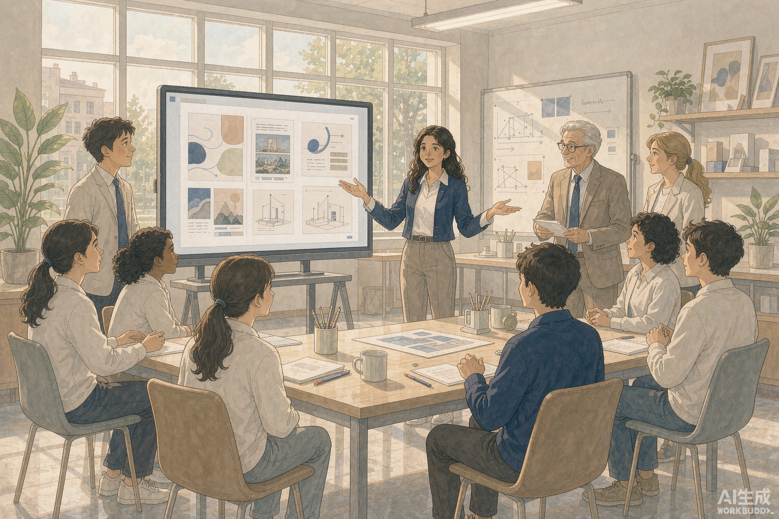 学生向师生展示自己项目成果的编辑风概念图